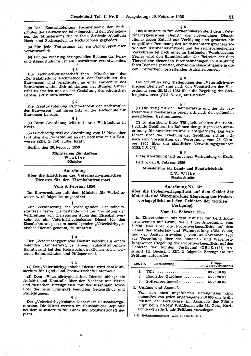Gesetzblatt (GBl.) der Deutschen Demokratischen Republik (DDR) Teil ⅠⅠ 1956, Seite 51 (GBl. DDR ⅠⅠ 1956, S. 51)