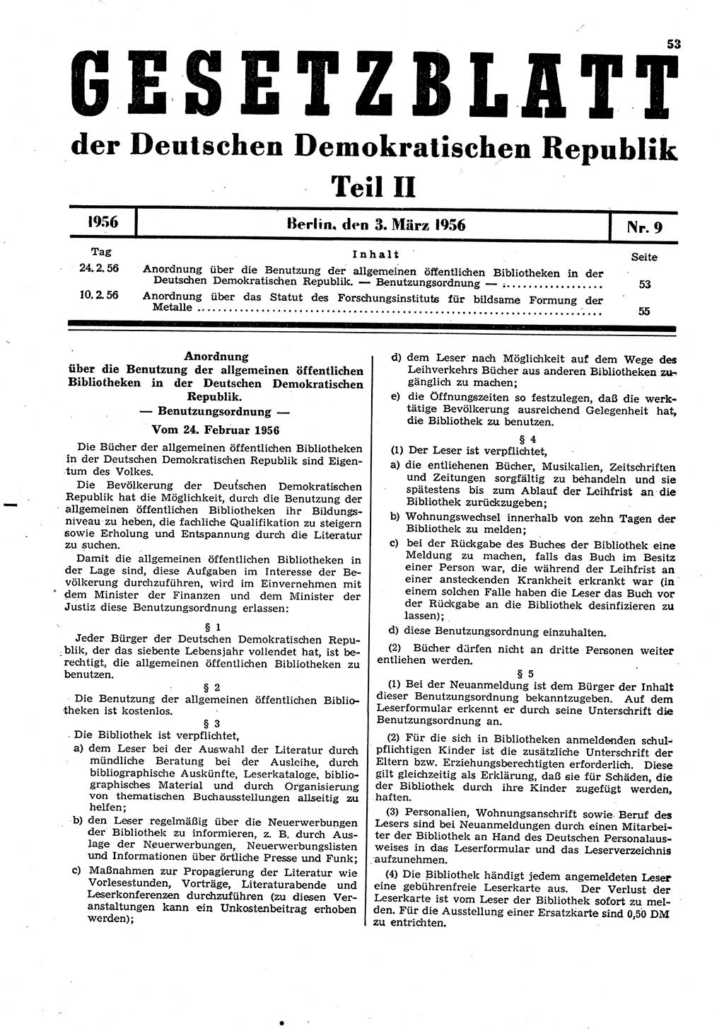 Gesetzblatt (GBl.) der Deutschen Demokratischen Republik (DDR) Teil ⅠⅠ 1956, Seite 53 (GBl. DDR ⅠⅠ 1956, S. 53)