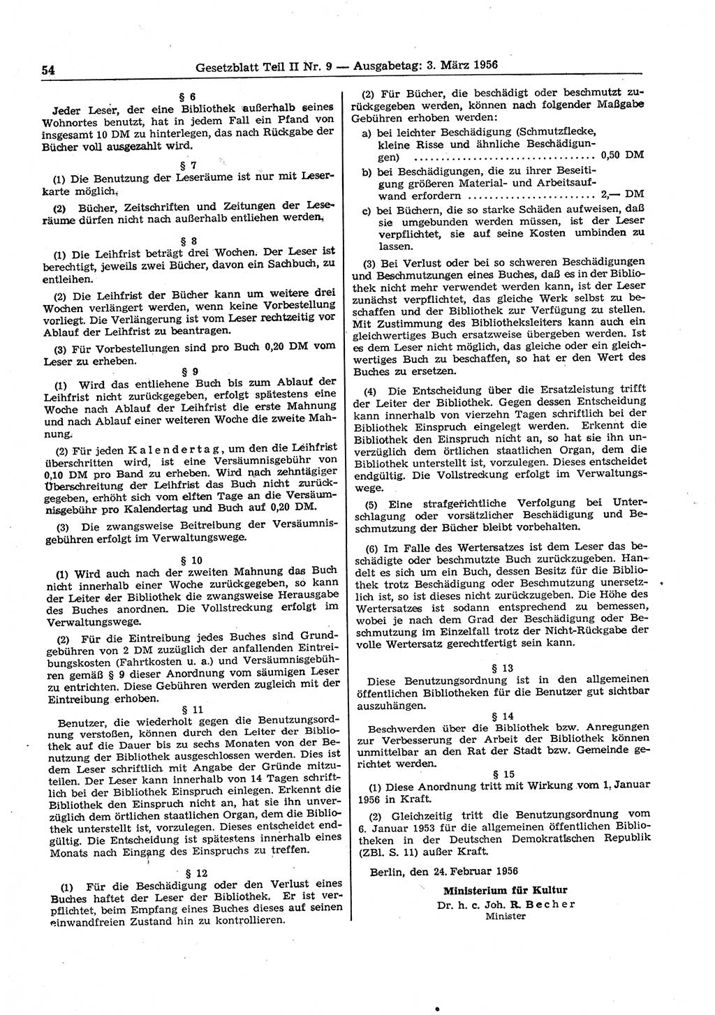 Gesetzblatt (GBl.) der Deutschen Demokratischen Republik (DDR) Teil ⅠⅠ 1956, Seite 54 (GBl. DDR ⅠⅠ 1956, S. 54)