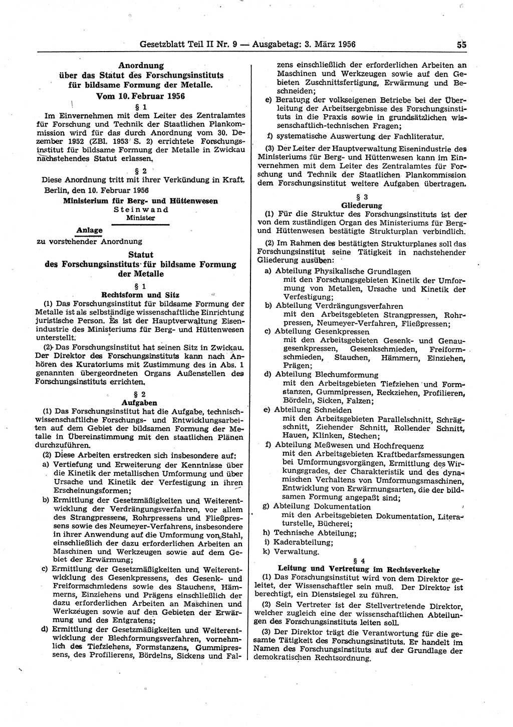 Gesetzblatt (GBl.) der Deutschen Demokratischen Republik (DDR) Teil ⅠⅠ 1956, Seite 55 (GBl. DDR ⅠⅠ 1956, S. 55)