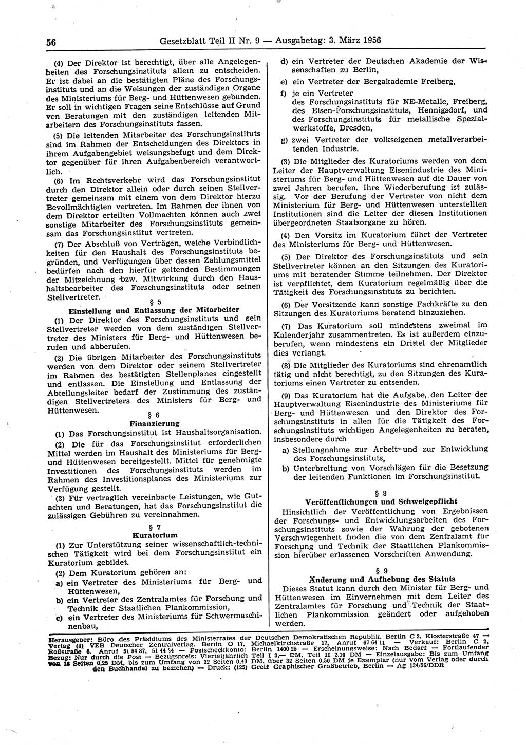 Gesetzblatt (GBl.) der Deutschen Demokratischen Republik (DDR) Teil ⅠⅠ 1956, Seite 56 (GBl. DDR ⅠⅠ 1956, S. 56)