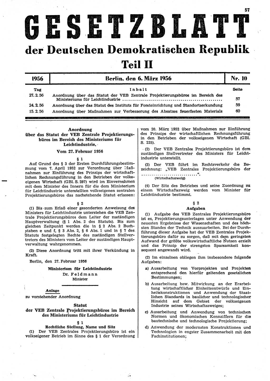 Gesetzblatt (GBl.) der Deutschen Demokratischen Republik (DDR) Teil ⅠⅠ 1956, Seite 57 (GBl. DDR ⅠⅠ 1956, S. 57)
