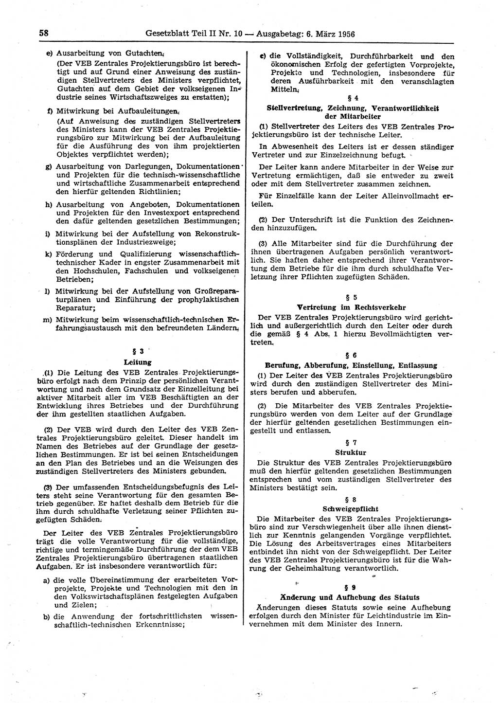 Gesetzblatt (GBl.) der Deutschen Demokratischen Republik (DDR) Teil ⅠⅠ 1956, Seite 58 (GBl. DDR ⅠⅠ 1956, S. 58)