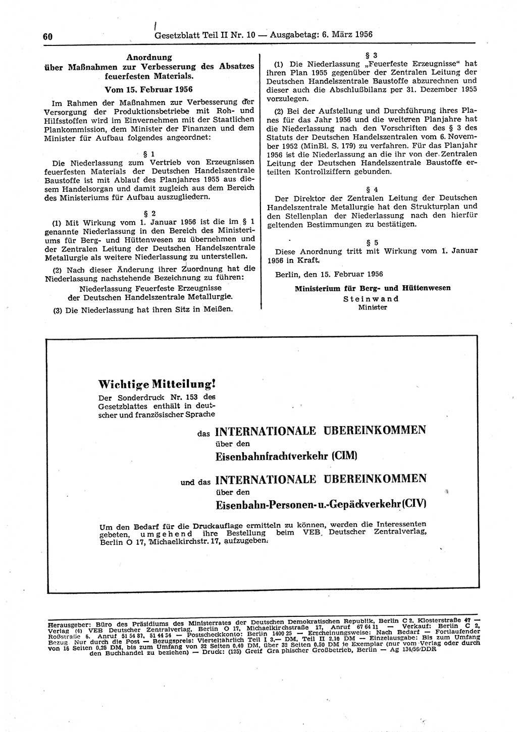 Gesetzblatt (GBl.) der Deutschen Demokratischen Republik (DDR) Teil ⅠⅠ 1956, Seite 60 (GBl. DDR ⅠⅠ 1956, S. 60)