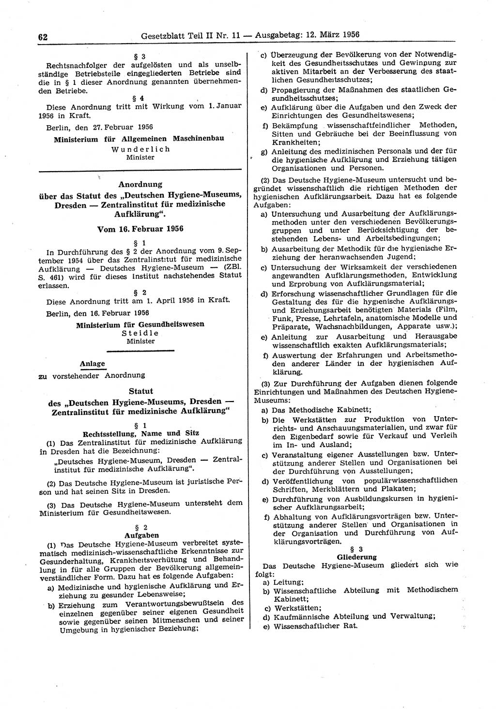 Gesetzblatt (GBl.) der Deutschen Demokratischen Republik (DDR) Teil ⅠⅠ 1956, Seite 62 (GBl. DDR ⅠⅠ 1956, S. 62)