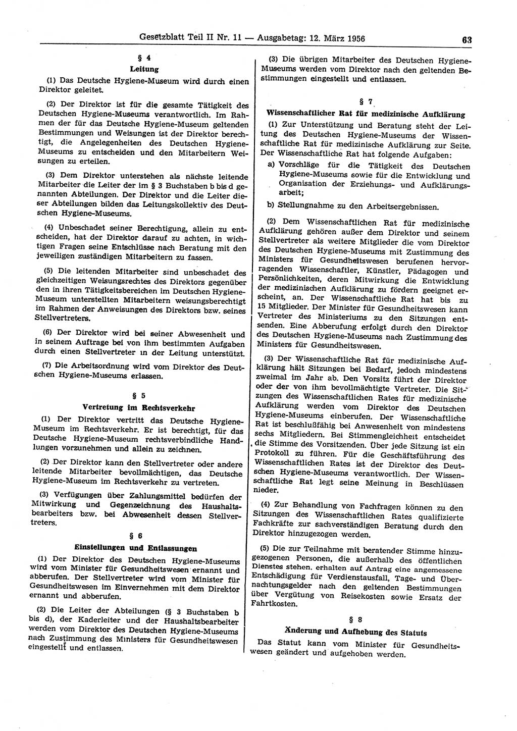 Gesetzblatt (GBl.) der Deutschen Demokratischen Republik (DDR) Teil ⅠⅠ 1956, Seite 63 (GBl. DDR ⅠⅠ 1956, S. 63)