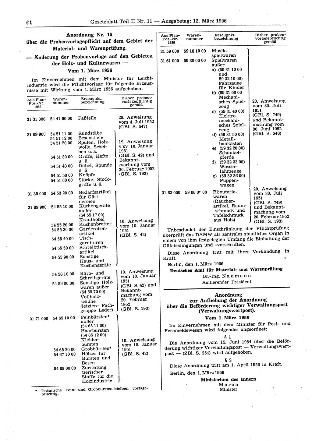 Gesetzblatt (GBl.) der Deutschen Demokratischen Republik (DDR) Teil ⅠⅠ 1956, Seite 64 (GBl. DDR ⅠⅠ 1956, S. 64)