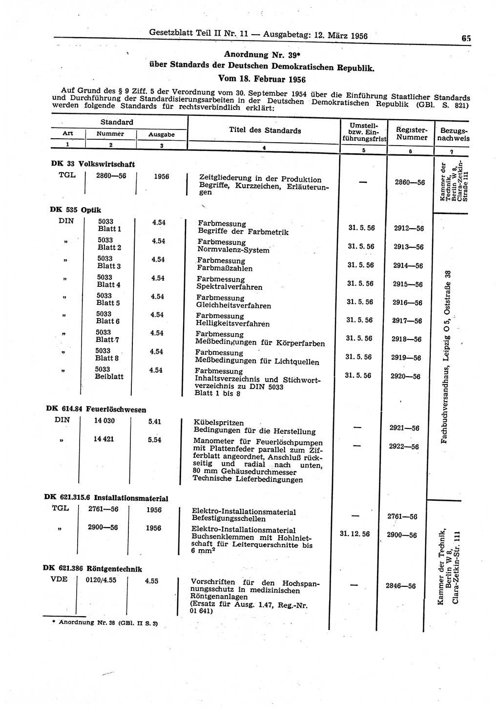Gesetzblatt (GBl.) der Deutschen Demokratischen Republik (DDR) Teil ⅠⅠ 1956, Seite 65 (GBl. DDR ⅠⅠ 1956, S. 65)