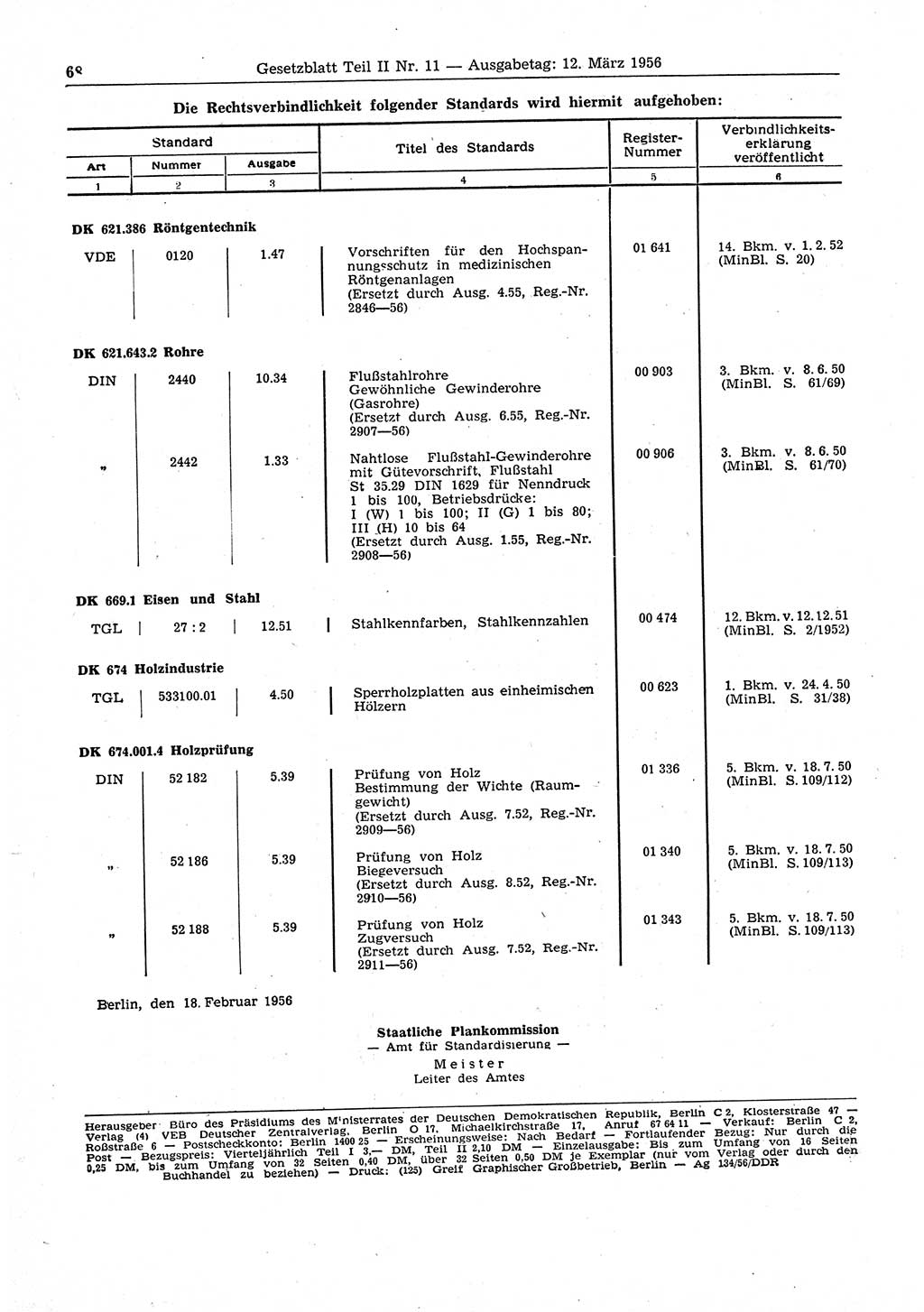 Gesetzblatt (GBl.) der Deutschen Demokratischen Republik (DDR) Teil ⅠⅠ 1956, Seite 68 (GBl. DDR ⅠⅠ 1956, S. 68)