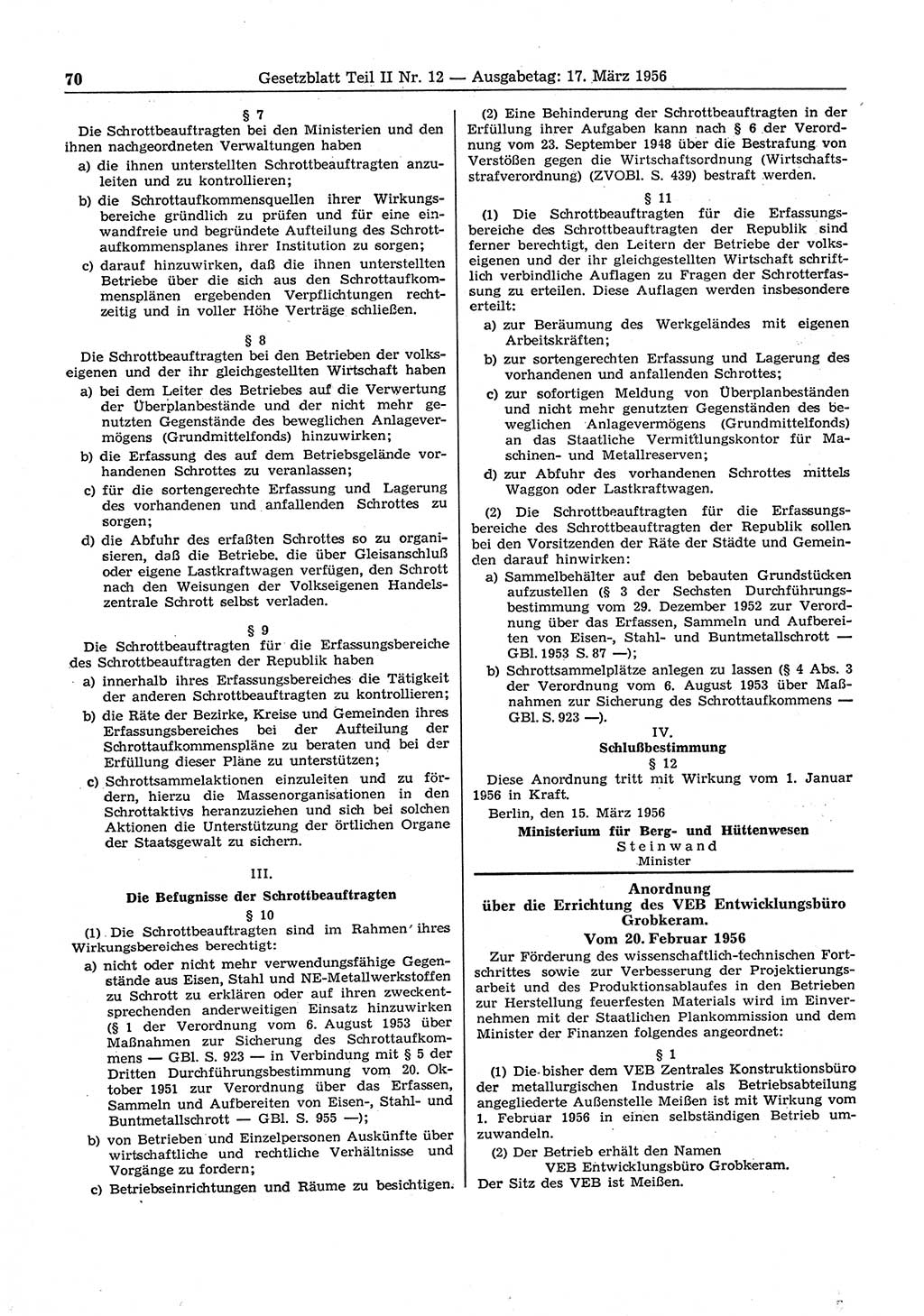 Gesetzblatt (GBl.) der Deutschen Demokratischen Republik (DDR) Teil ⅠⅠ 1956, Seite 70 (GBl. DDR ⅠⅠ 1956, S. 70)