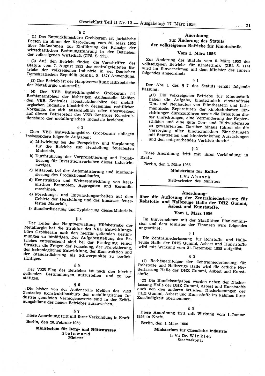 Gesetzblatt (GBl.) der Deutschen Demokratischen Republik (DDR) Teil ⅠⅠ 1956, Seite 71 (GBl. DDR ⅠⅠ 1956, S. 71)