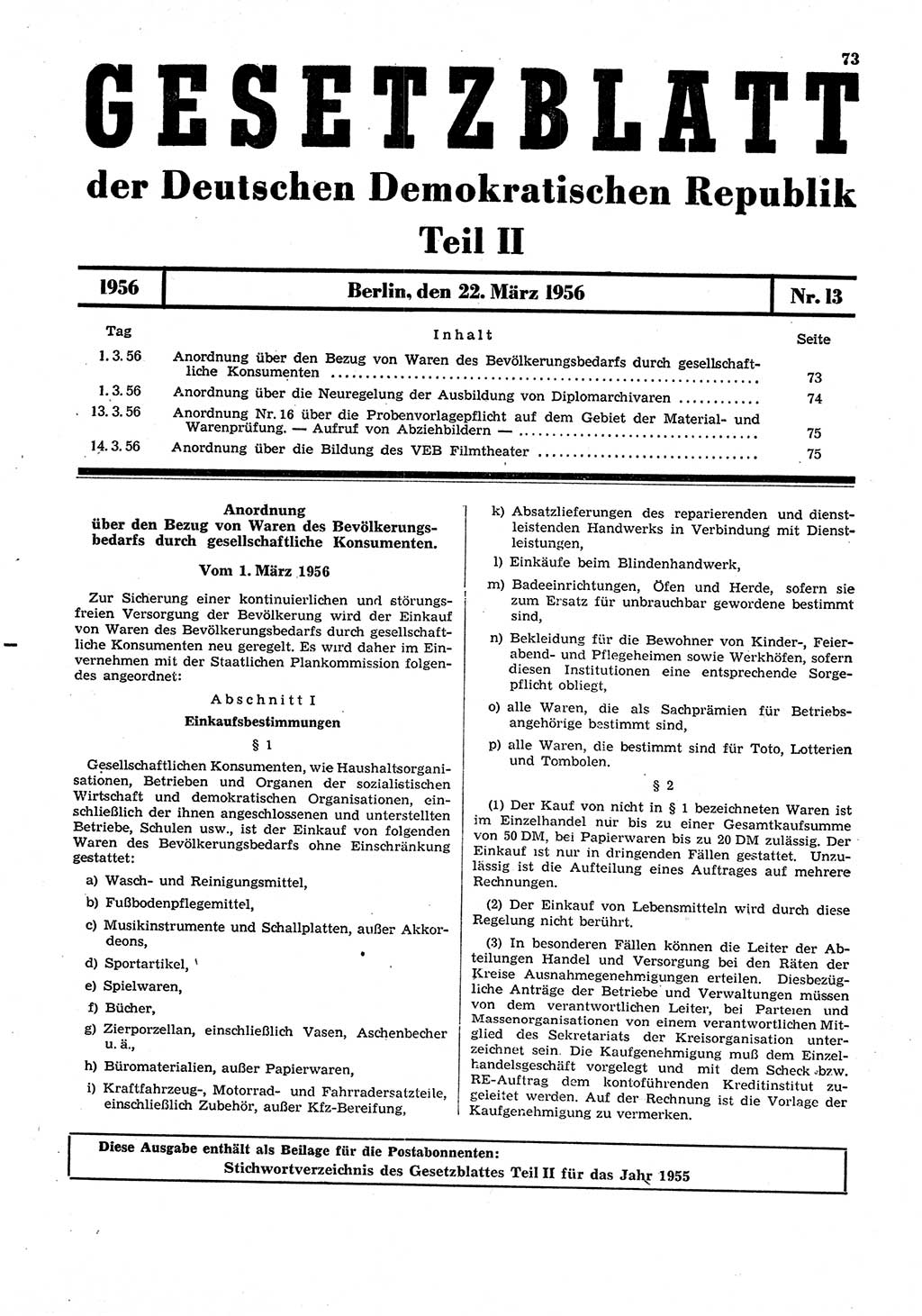 Gesetzblatt (GBl.) der Deutschen Demokratischen Republik (DDR) Teil ⅠⅠ 1956, Seite 73 (GBl. DDR ⅠⅠ 1956, S. 73)