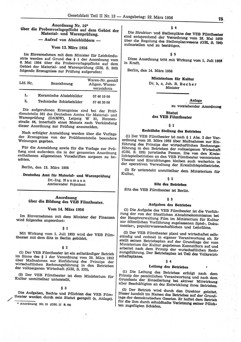 Gesetzblatt (GBl.) der Deutschen Demokratischen Republik (DDR) Teil ⅠⅠ 1956, Seite 75 (GBl. DDR ⅠⅠ 1956, S. 75)
