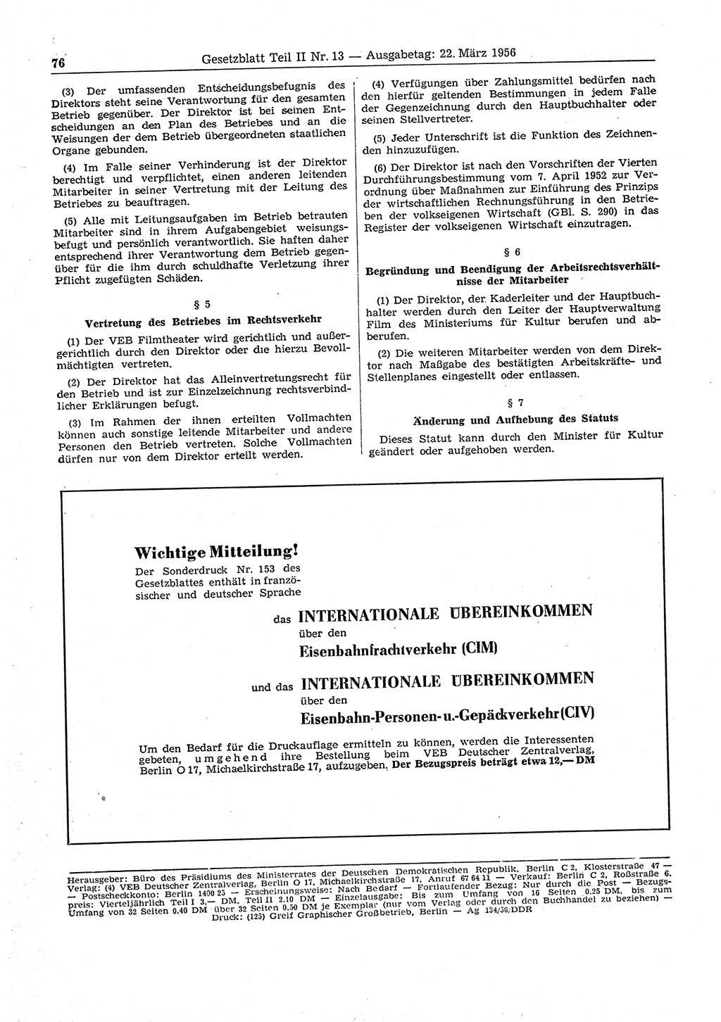Gesetzblatt (GBl.) der Deutschen Demokratischen Republik (DDR) Teil ⅠⅠ 1956, Seite 76 (GBl. DDR ⅠⅠ 1956, S. 76)