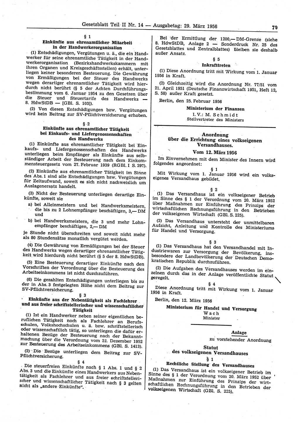 Gesetzblatt (GBl.) der Deutschen Demokratischen Republik (DDR) Teil ⅠⅠ 1956, Seite 79 (GBl. DDR ⅠⅠ 1956, S. 79)