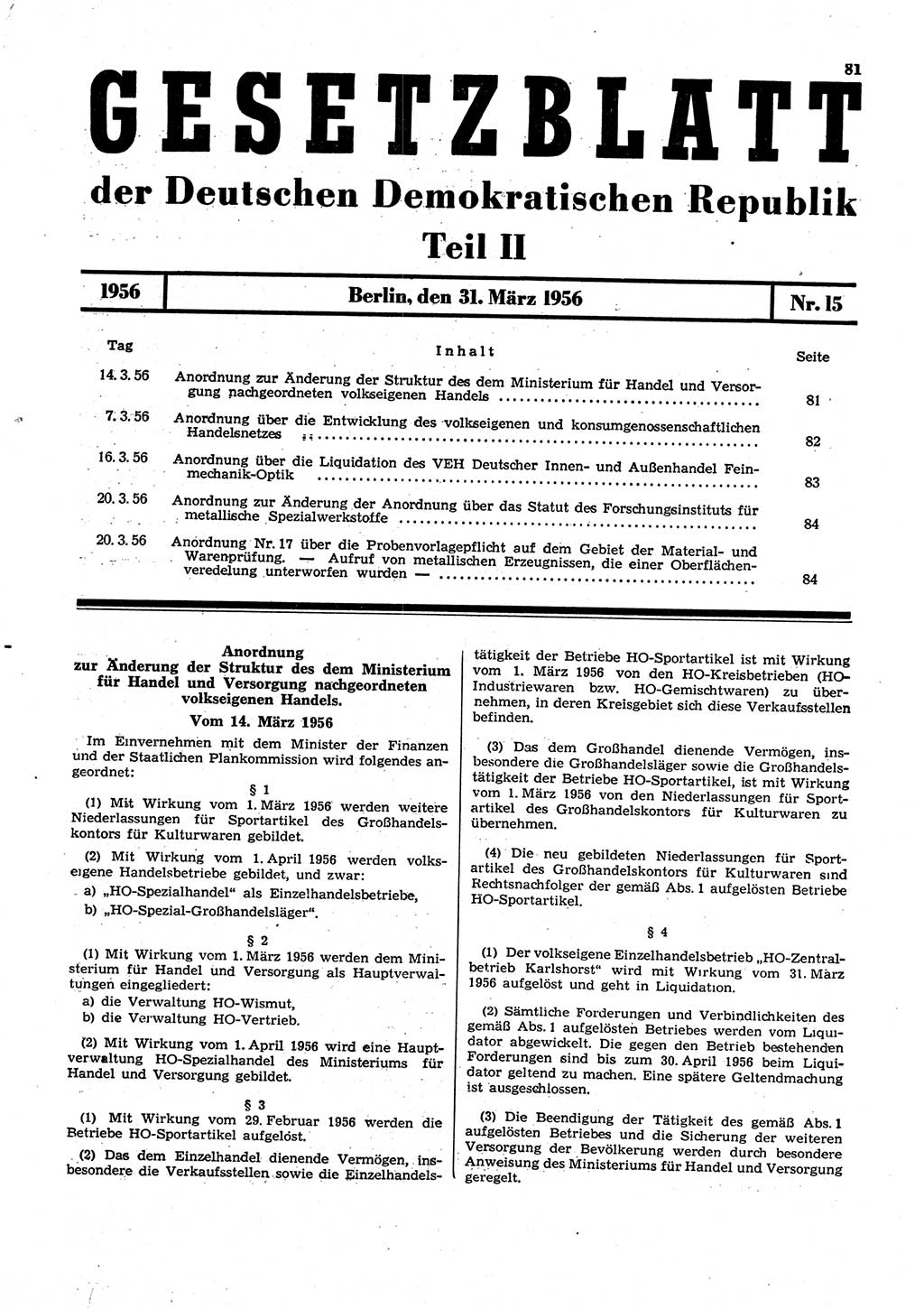Gesetzblatt (GBl.) der Deutschen Demokratischen Republik (DDR) Teil ⅠⅠ 1956, Seite 81 (GBl. DDR ⅠⅠ 1956, S. 81)