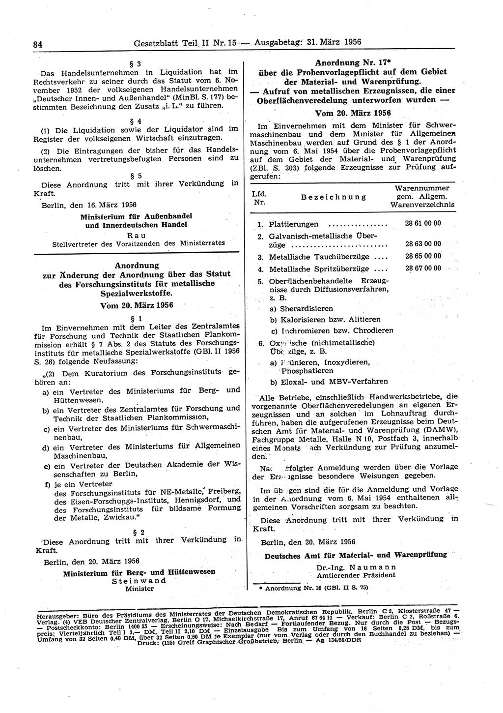 Gesetzblatt (GBl.) der Deutschen Demokratischen Republik (DDR) Teil ⅠⅠ 1956, Seite 84 (GBl. DDR ⅠⅠ 1956, S. 84)
