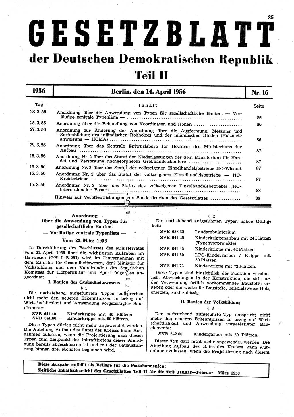 Gesetzblatt (GBl.) der Deutschen Demokratischen Republik (DDR) Teil ⅠⅠ 1956, Seite 85 (GBl. DDR ⅠⅠ 1956, S. 85)