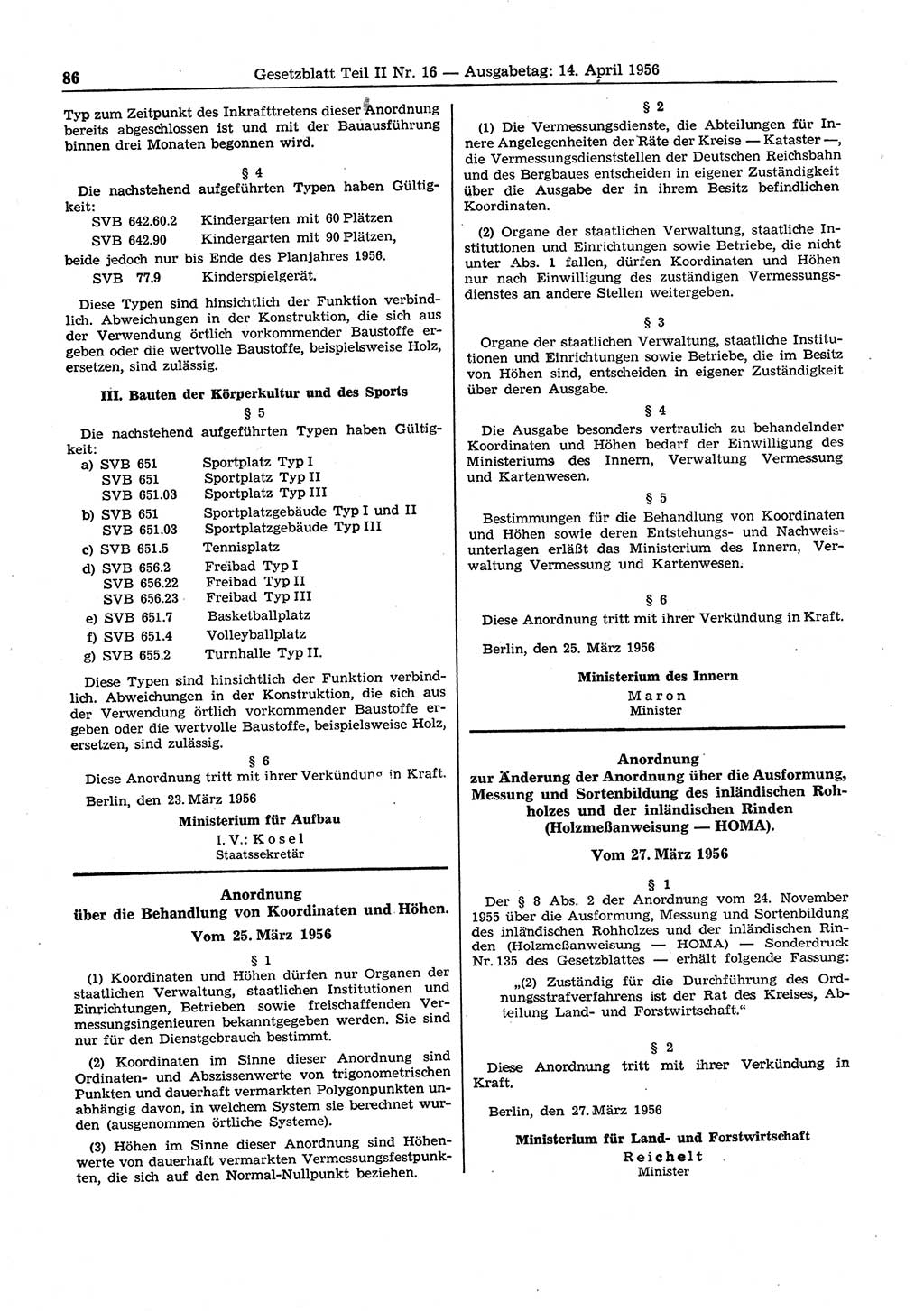 Gesetzblatt (GBl.) der Deutschen Demokratischen Republik (DDR) Teil ⅠⅠ 1956, Seite 86 (GBl. DDR ⅠⅠ 1956, S. 86)