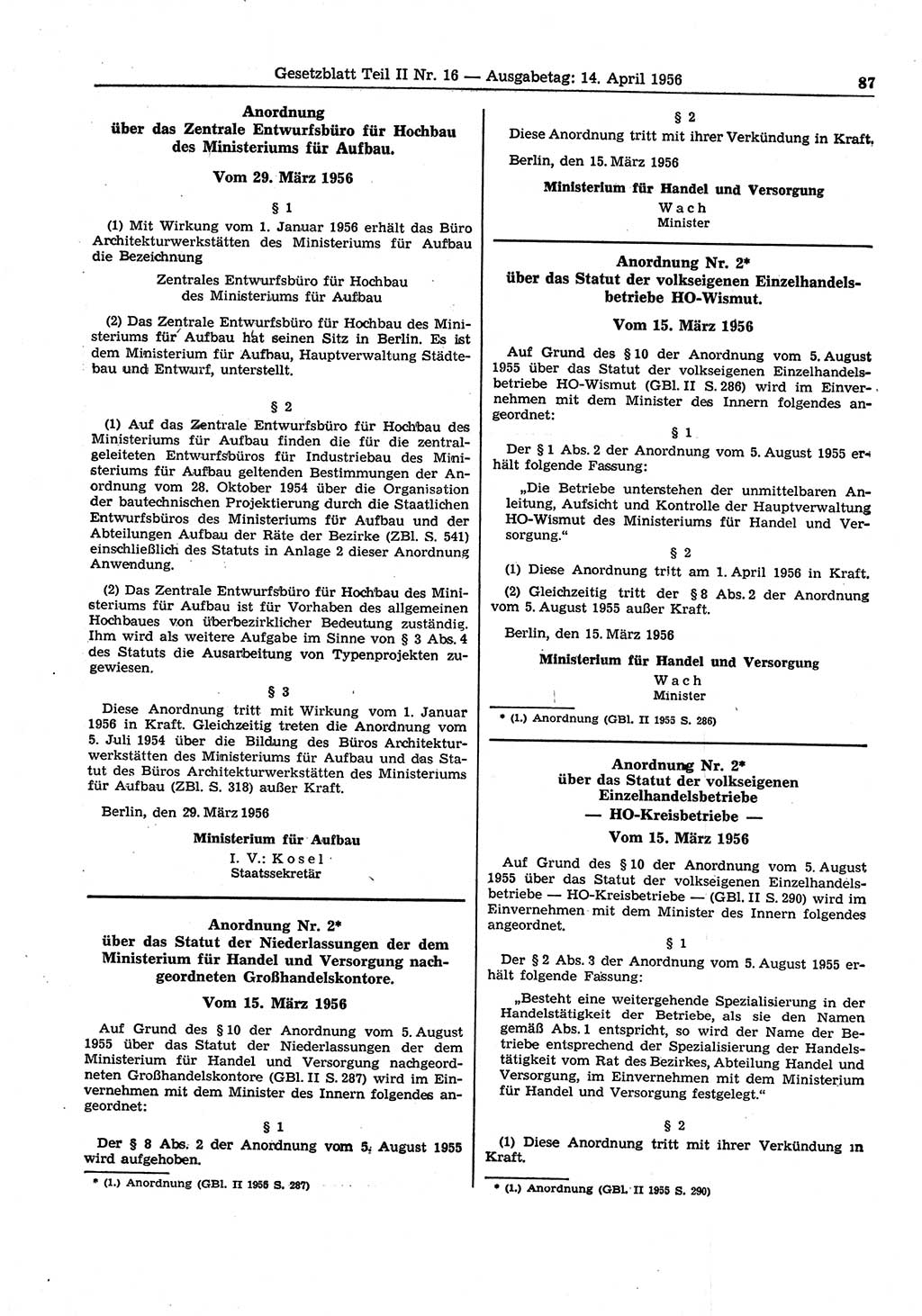 Gesetzblatt (GBl.) der Deutschen Demokratischen Republik (DDR) Teil ⅠⅠ 1956, Seite 87 (GBl. DDR ⅠⅠ 1956, S. 87)