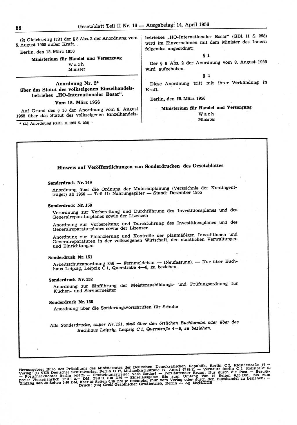 Gesetzblatt (GBl.) der Deutschen Demokratischen Republik (DDR) Teil ⅠⅠ 1956, Seite 88 (GBl. DDR ⅠⅠ 1956, S. 88)