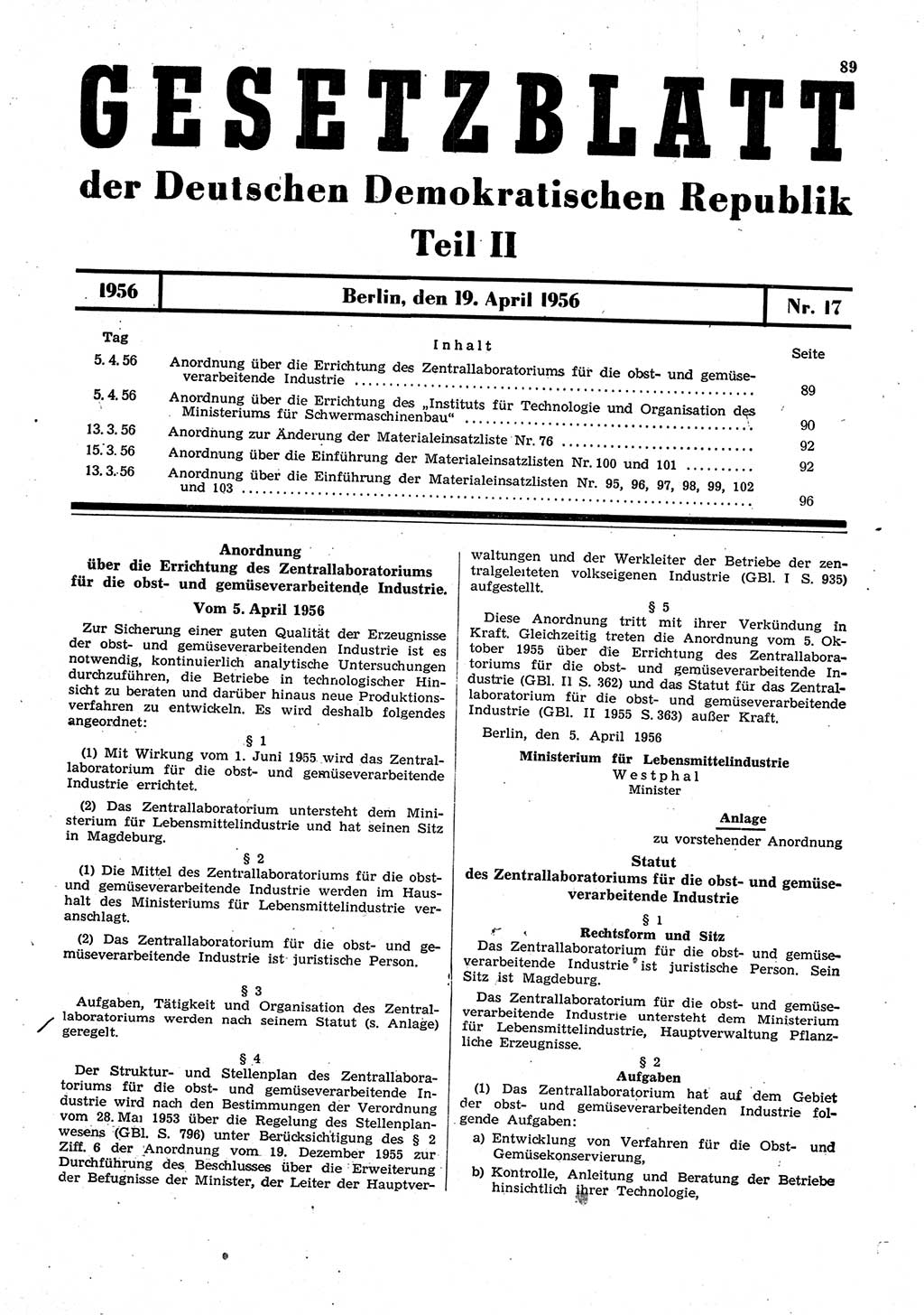 Gesetzblatt (GBl.) der Deutschen Demokratischen Republik (DDR) Teil ⅠⅠ 1956, Seite 89 (GBl. DDR ⅠⅠ 1956, S. 89)