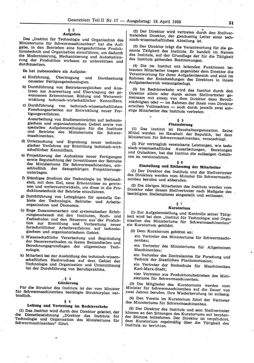 Gesetzblatt (GBl.) der Deutschen Demokratischen Republik (DDR) Teil ⅠⅠ 1956, Seite 91 (GBl. DDR ⅠⅠ 1956, S. 91)