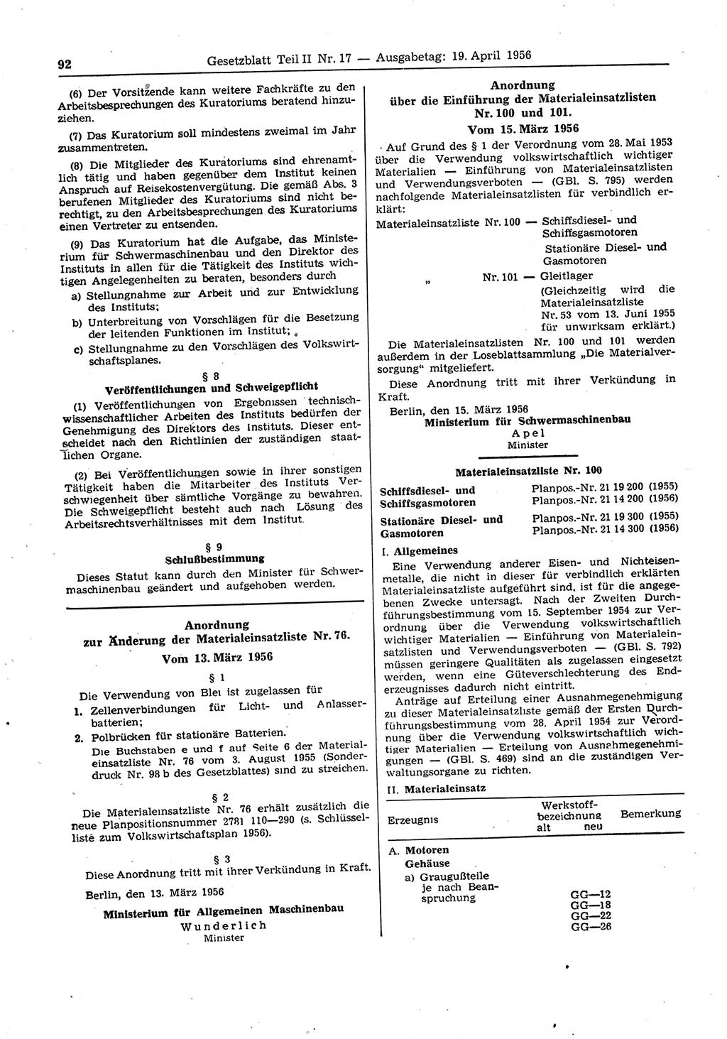 Gesetzblatt (GBl.) der Deutschen Demokratischen Republik (DDR) Teil ⅠⅠ 1956, Seite 92 (GBl. DDR ⅠⅠ 1956, S. 92)