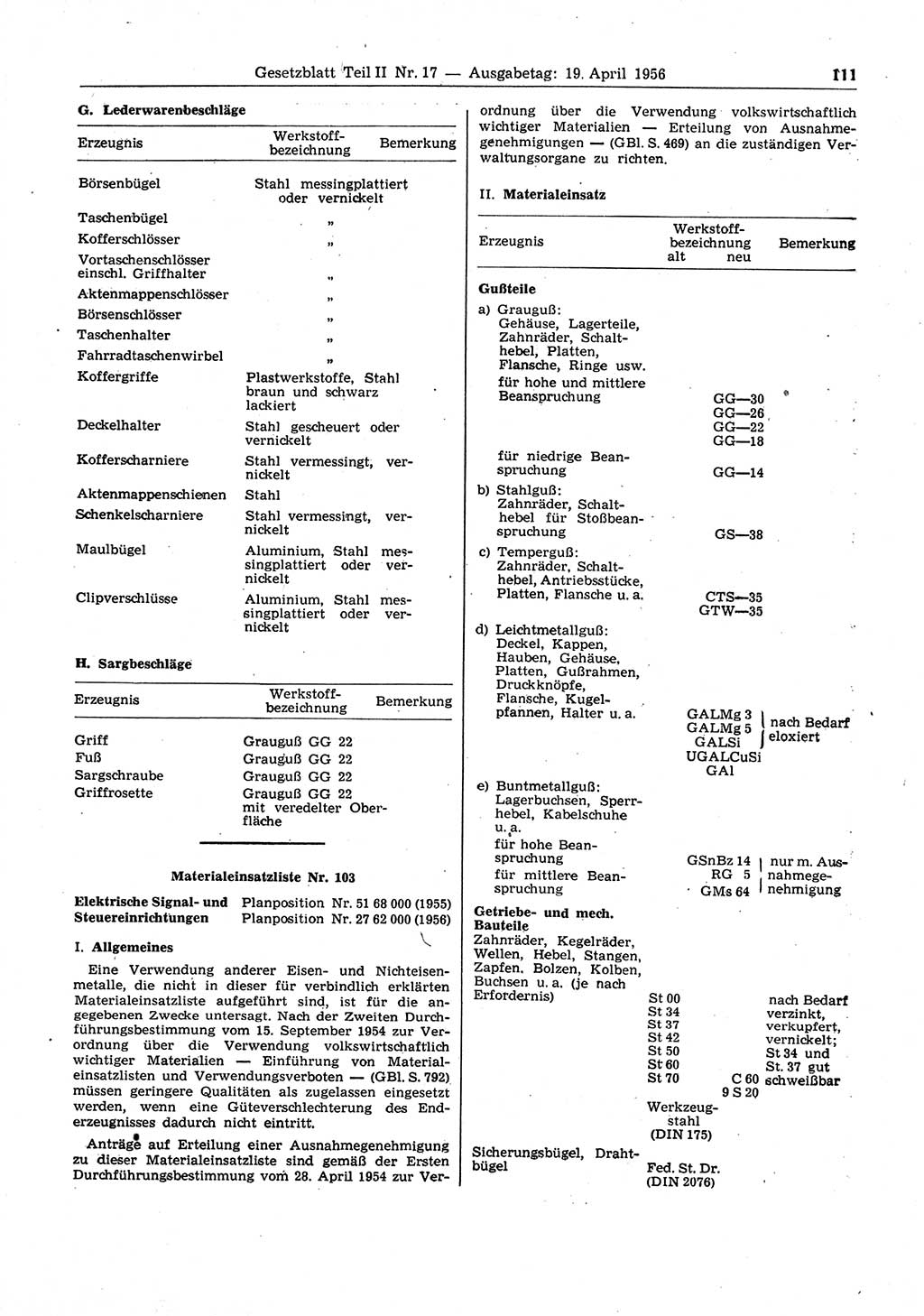 Gesetzblatt (GBl.) der Deutschen Demokratischen Republik (DDR) Teil ⅠⅠ 1956, Seite 111 (GBl. DDR ⅠⅠ 1956, S. 111)