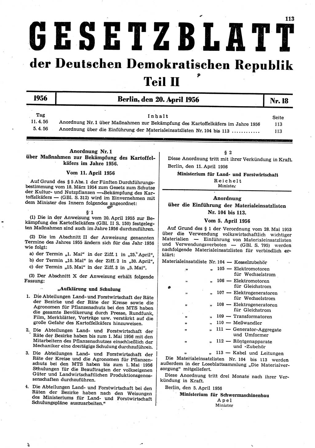 Gesetzblatt (GBl.) der Deutschen Demokratischen Republik (DDR) Teil ⅠⅠ 1956, Seite 113 (GBl. DDR ⅠⅠ 1956, S. 113)