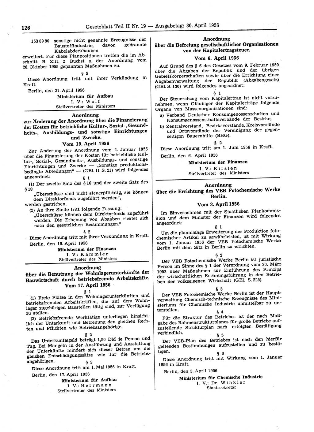 Gesetzblatt (GBl.) der Deutschen Demokratischen Republik (DDR) Teil ⅠⅠ 1956, Seite 126 (GBl. DDR ⅠⅠ 1956, S. 126)