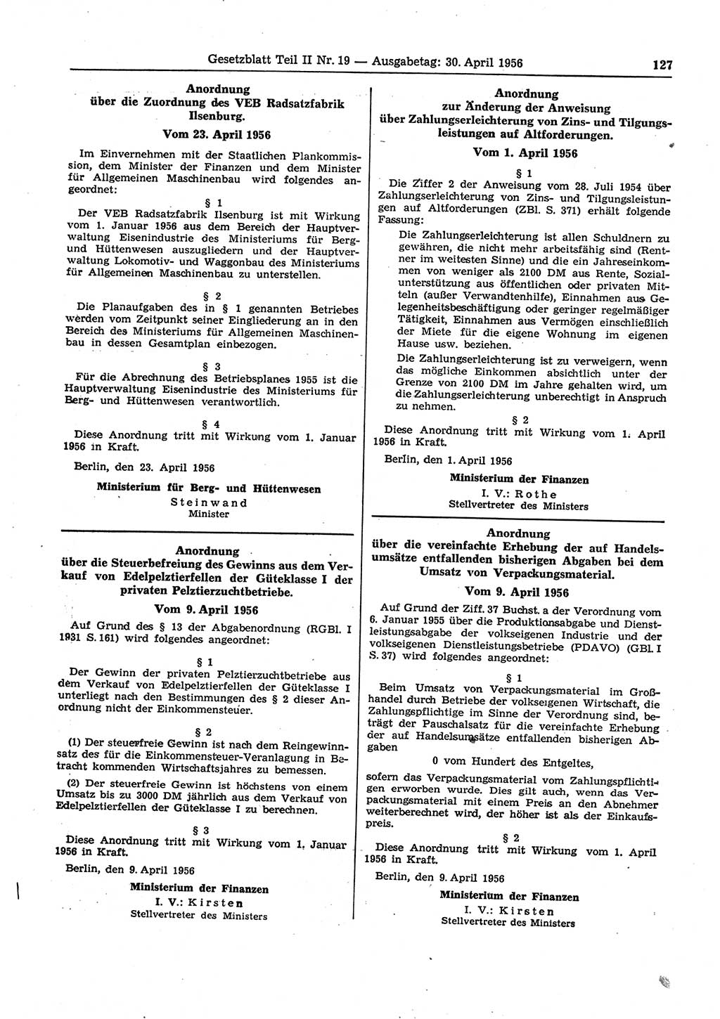 Gesetzblatt (GBl.) der Deutschen Demokratischen Republik (DDR) Teil ⅠⅠ 1956, Seite 127 (GBl. DDR ⅠⅠ 1956, S. 127)