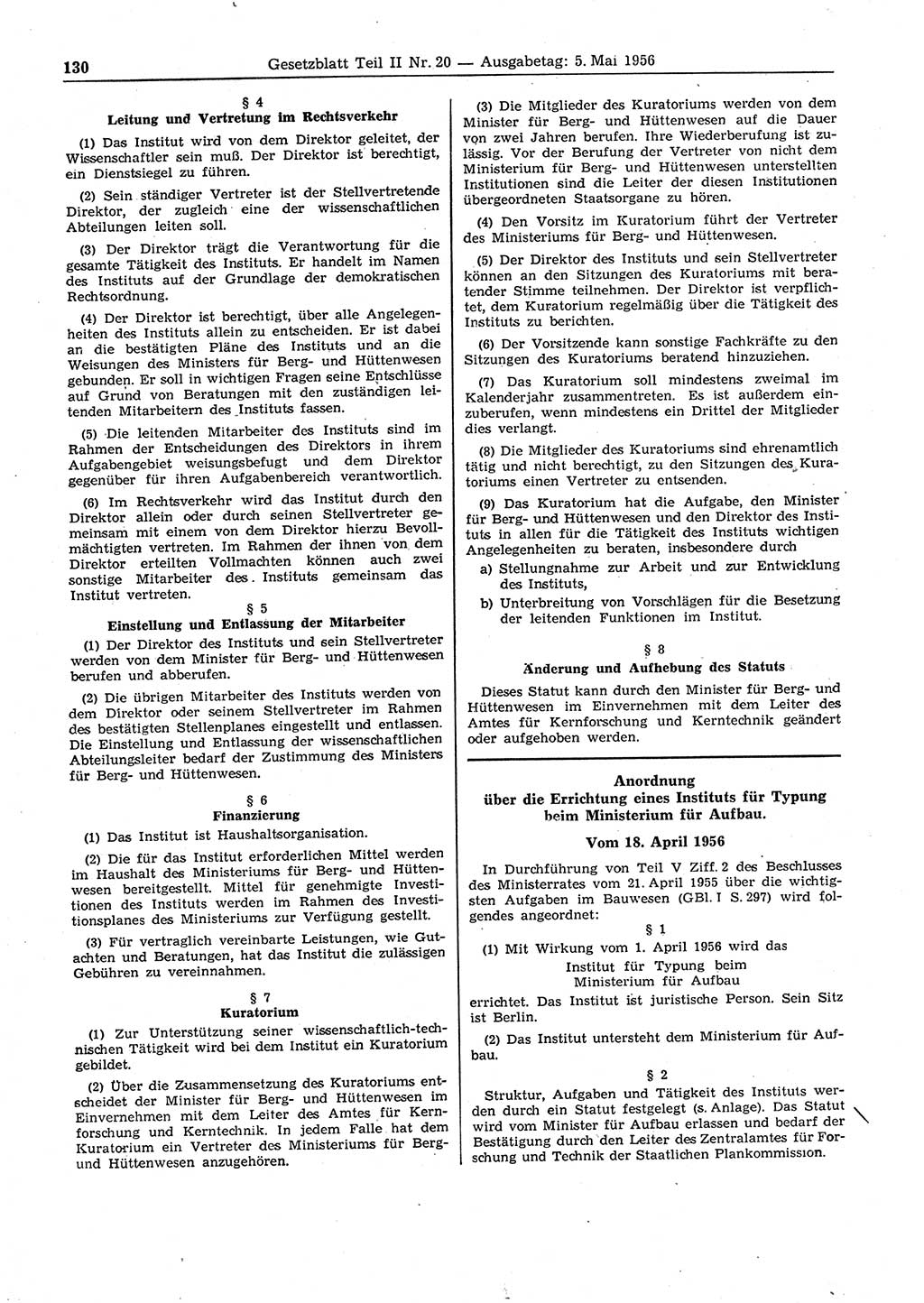 Gesetzblatt (GBl.) der Deutschen Demokratischen Republik (DDR) Teil ⅠⅠ 1956, Seite 130 (GBl. DDR ⅠⅠ 1956, S. 130)