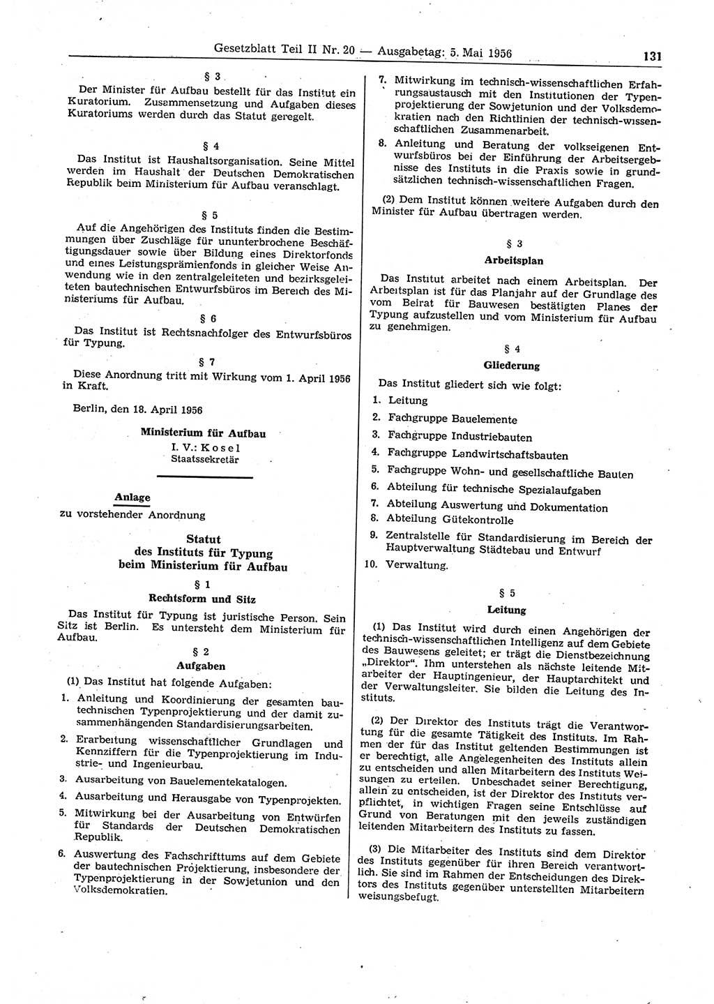 Gesetzblatt (GBl.) der Deutschen Demokratischen Republik (DDR) Teil ⅠⅠ 1956, Seite 131 (GBl. DDR ⅠⅠ 1956, S. 131)