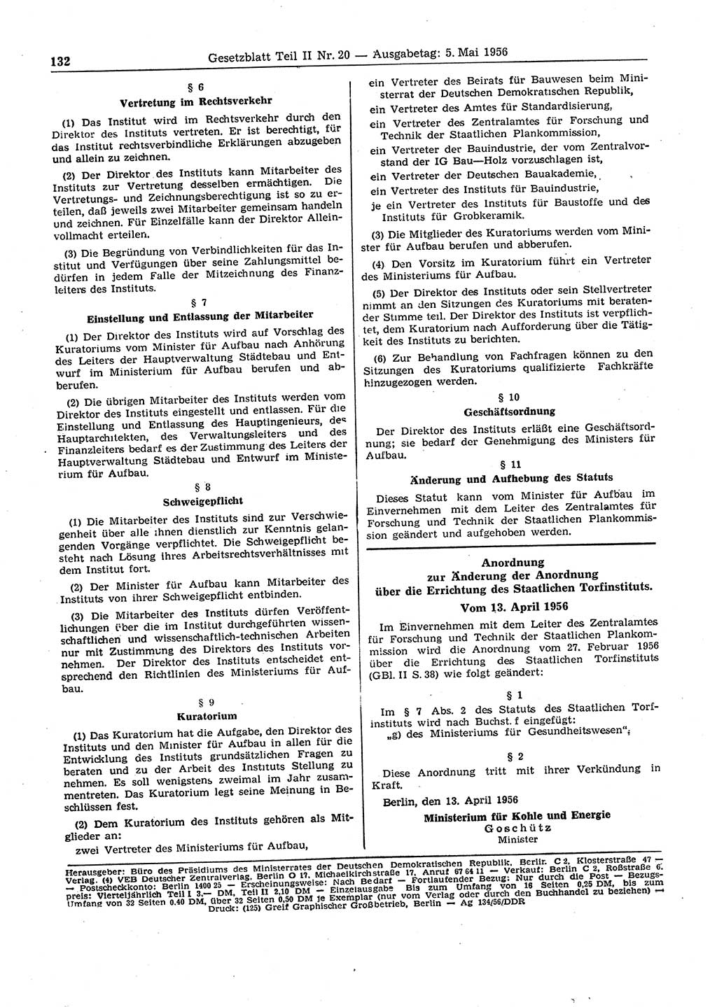 Gesetzblatt (GBl.) der Deutschen Demokratischen Republik (DDR) Teil ⅠⅠ 1956, Seite 132 (GBl. DDR ⅠⅠ 1956, S. 132)