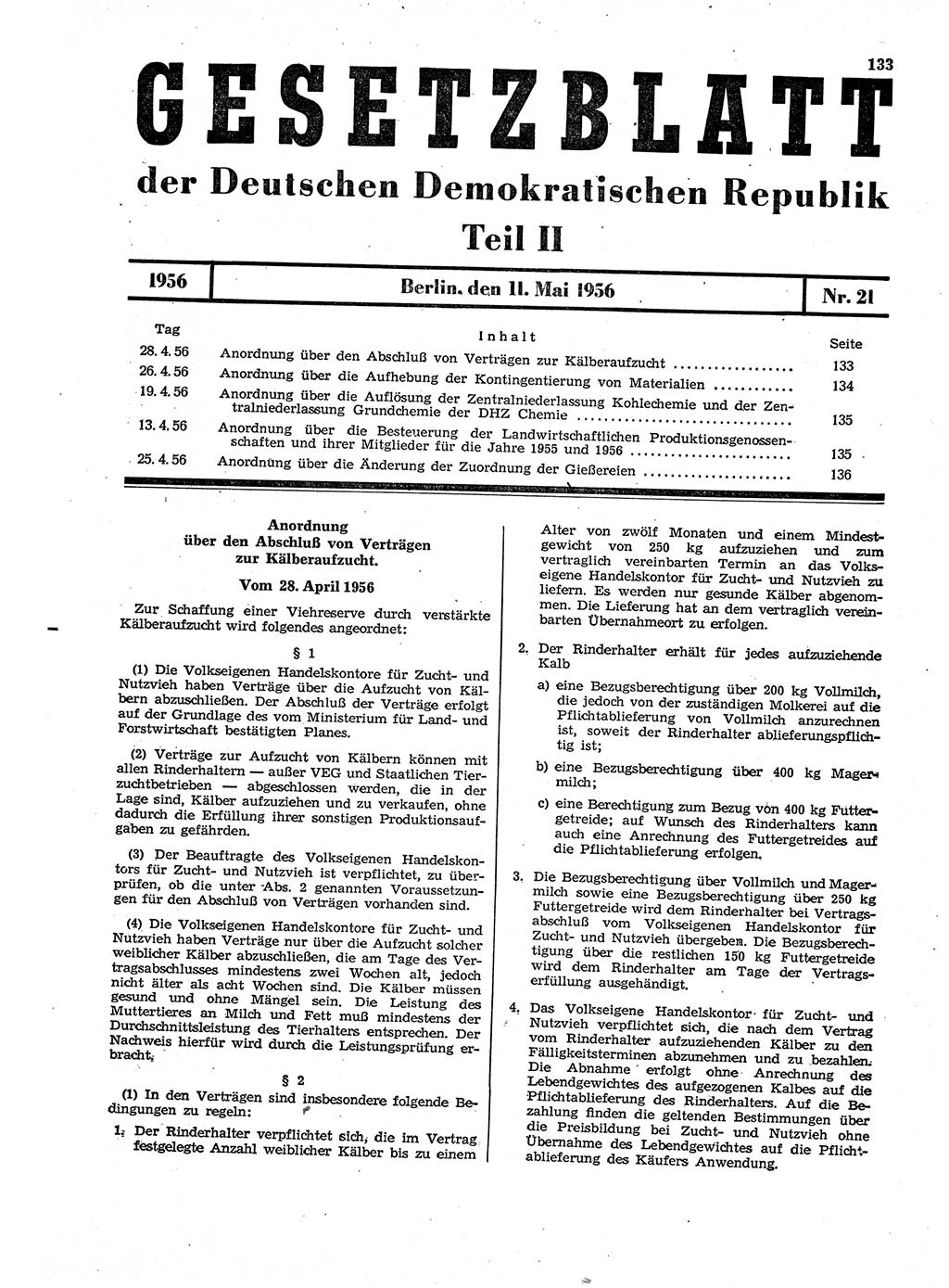 Gesetzblatt (GBl.) der Deutschen Demokratischen Republik (DDR) Teil ⅠⅠ 1956, Seite 133 (GBl. DDR ⅠⅠ 1956, S. 133)