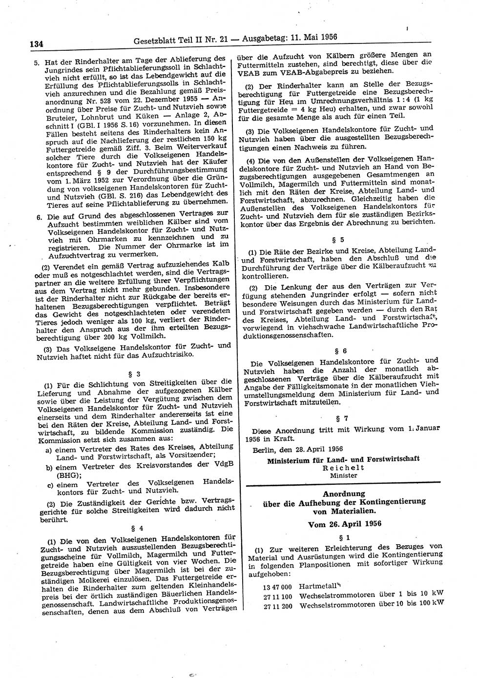 Gesetzblatt (GBl.) der Deutschen Demokratischen Republik (DDR) Teil ⅠⅠ 1956, Seite 134 (GBl. DDR ⅠⅠ 1956, S. 134)