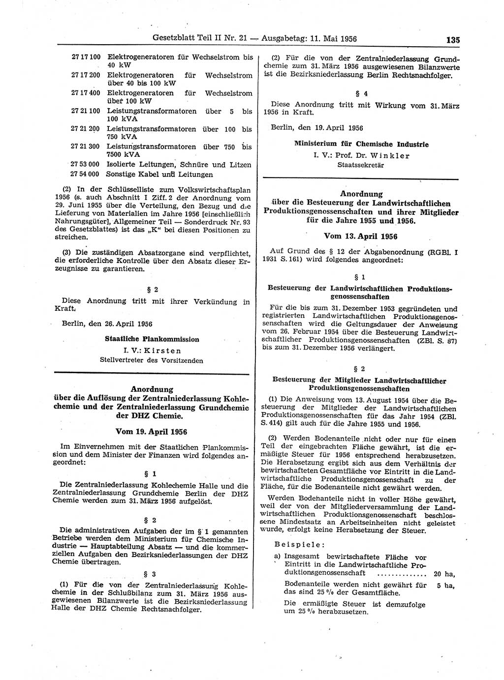 Gesetzblatt (GBl.) der Deutschen Demokratischen Republik (DDR) Teil ⅠⅠ 1956, Seite 135 (GBl. DDR ⅠⅠ 1956, S. 135)