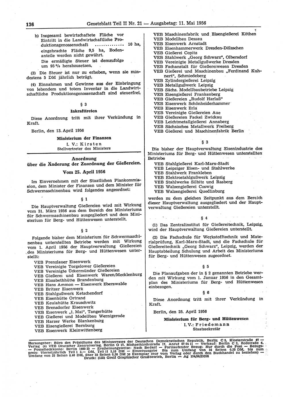 Gesetzblatt (GBl.) der Deutschen Demokratischen Republik (DDR) Teil ⅠⅠ 1956, Seite 136 (GBl. DDR ⅠⅠ 1956, S. 136)