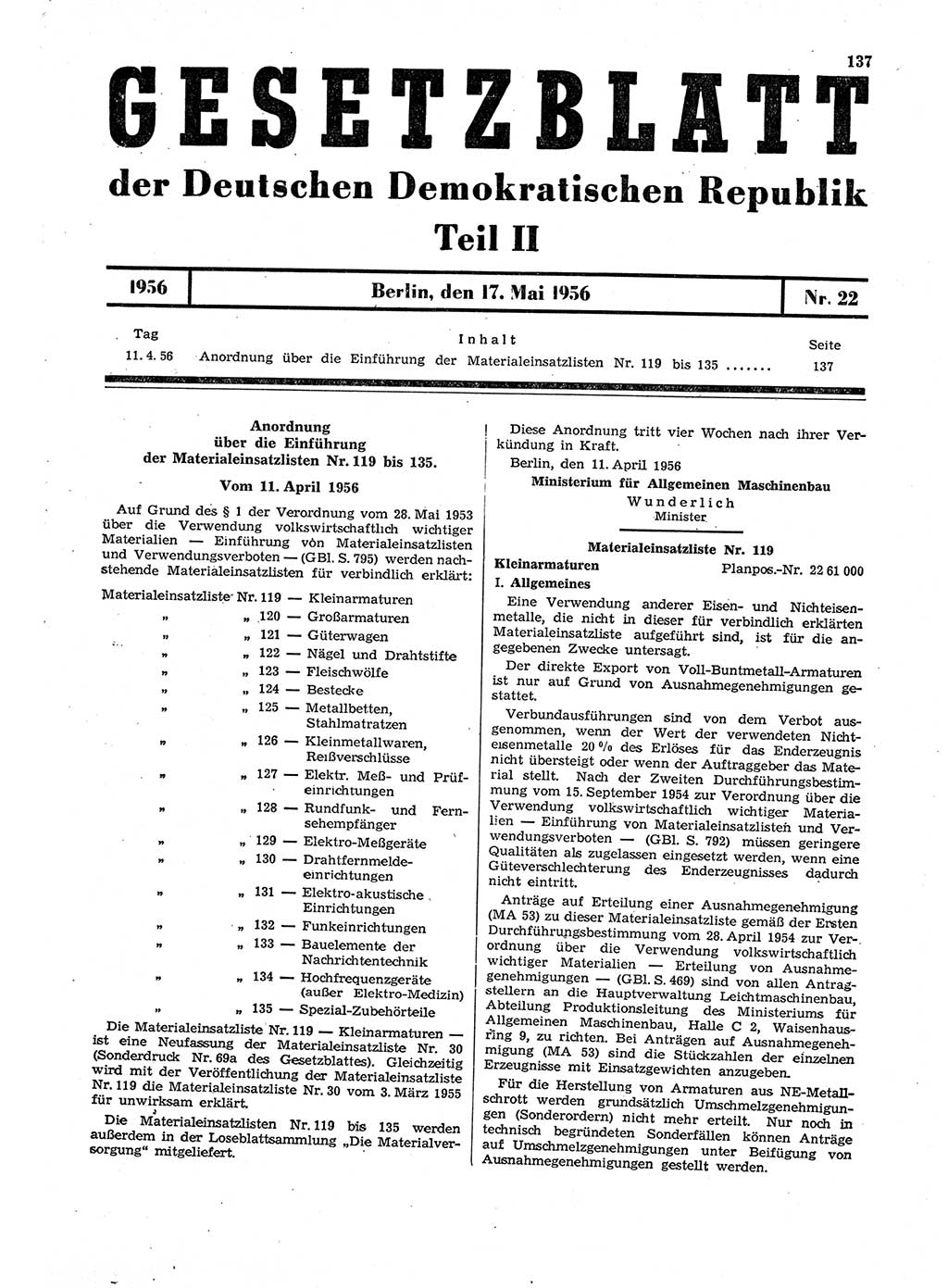 Gesetzblatt (GBl.) der Deutschen Demokratischen Republik (DDR) Teil ⅠⅠ 1956, Seite 137 (GBl. DDR ⅠⅠ 1956, S. 137)