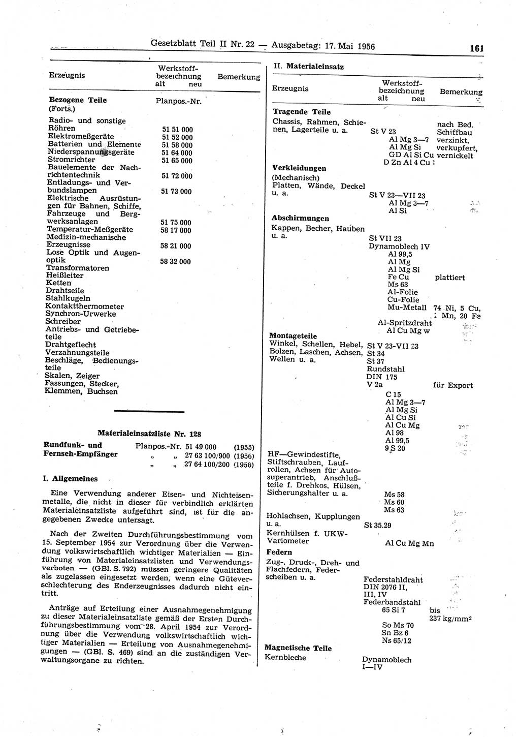 Gesetzblatt (GBl.) der Deutschen Demokratischen Republik (DDR) Teil ⅠⅠ 1956, Seite 161 (GBl. DDR ⅠⅠ 1956, S. 161)