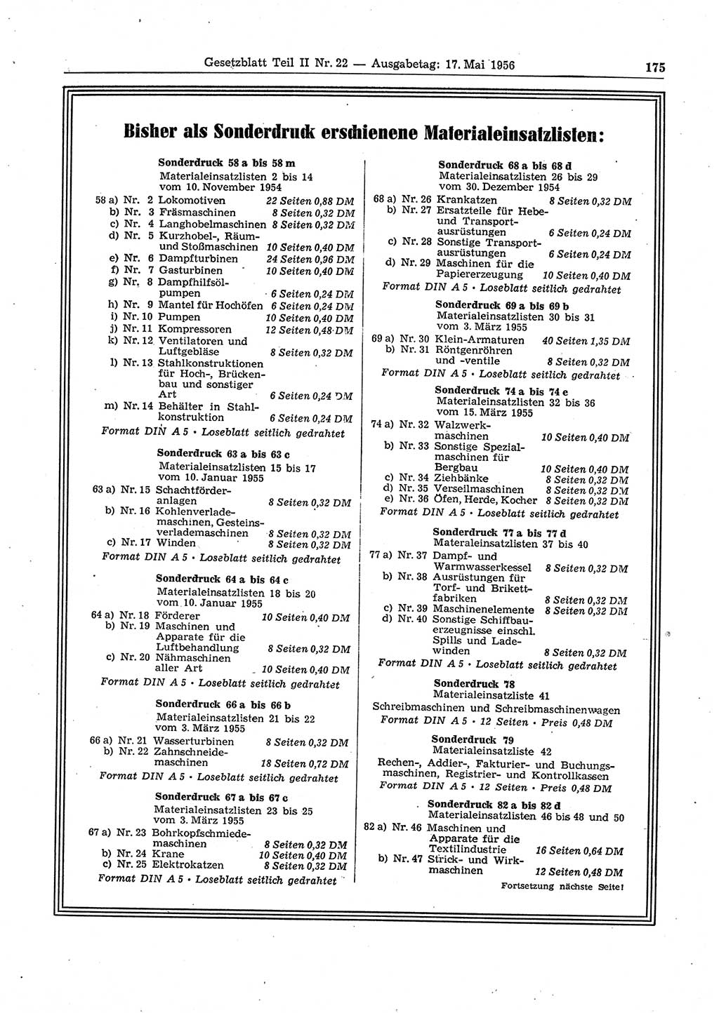 Gesetzblatt (GBl.) der Deutschen Demokratischen Republik (DDR) Teil ⅠⅠ 1956, Seite 175 (GBl. DDR ⅠⅠ 1956, S. 175)