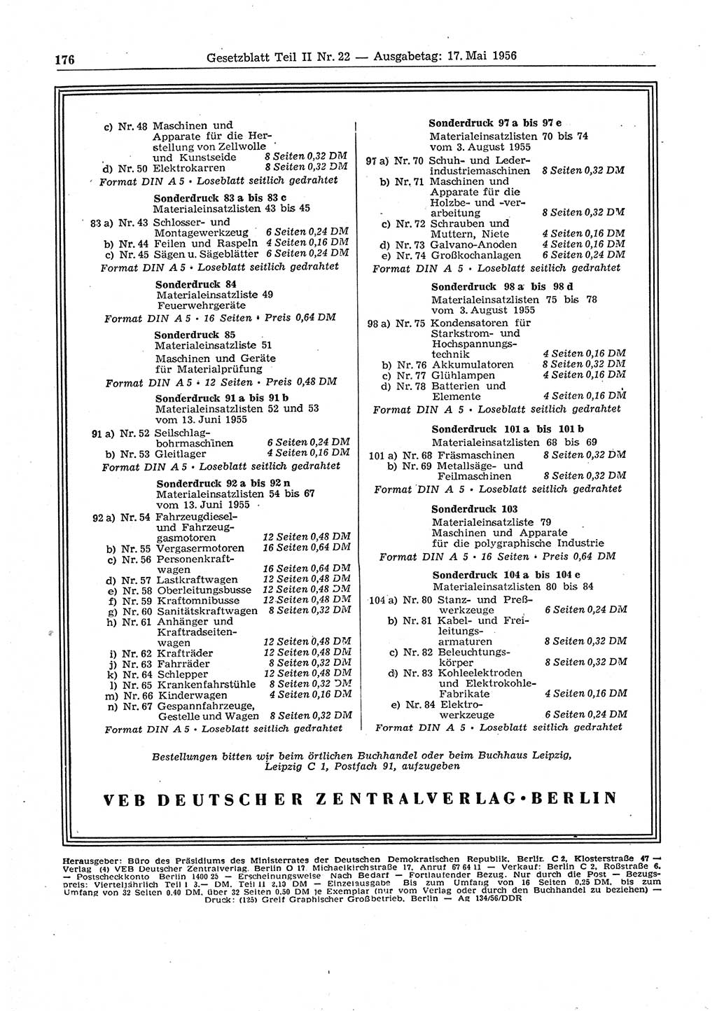 Gesetzblatt (GBl.) der Deutschen Demokratischen Republik (DDR) Teil ⅠⅠ 1956, Seite 176 (GBl. DDR ⅠⅠ 1956, S. 176)