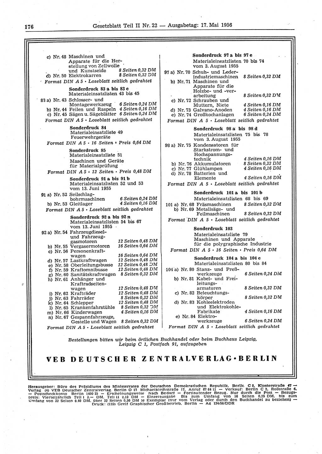 Gesetzblatt (GBl.) der Deutschen Demokratischen Republik (DDR) Teil ⅠⅠ 1956, Seite 176 (GBl. DDR ⅠⅠ 1956, S. 176)