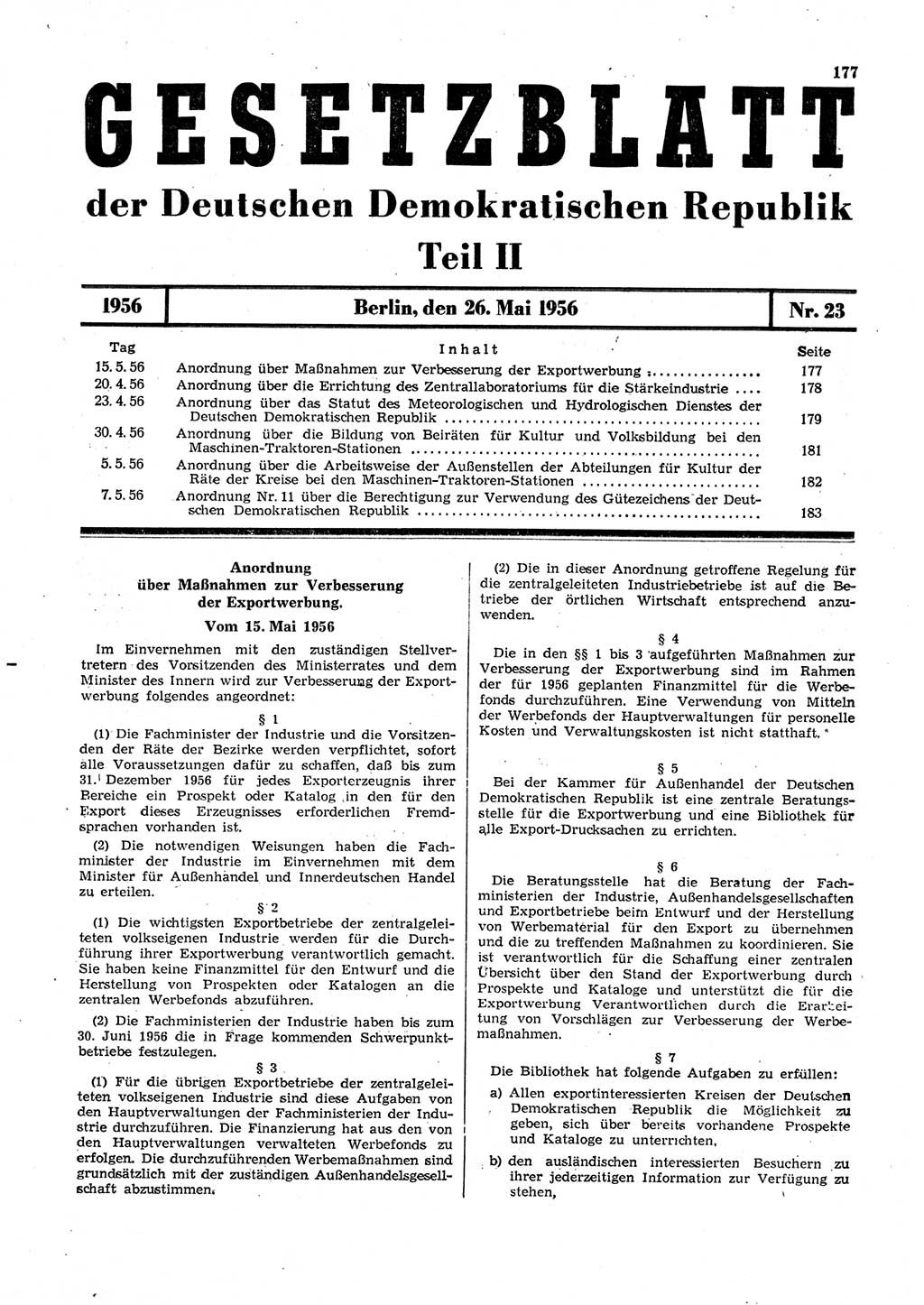 Gesetzblatt (GBl.) der Deutschen Demokratischen Republik (DDR) Teil ⅠⅠ 1956, Seite 177 (GBl. DDR ⅠⅠ 1956, S. 177)