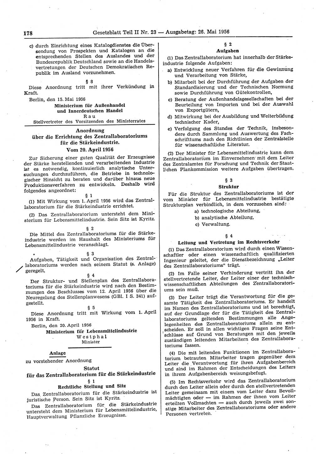 Gesetzblatt (GBl.) der Deutschen Demokratischen Republik (DDR) Teil ⅠⅠ 1956, Seite 178 (GBl. DDR ⅠⅠ 1956, S. 178)