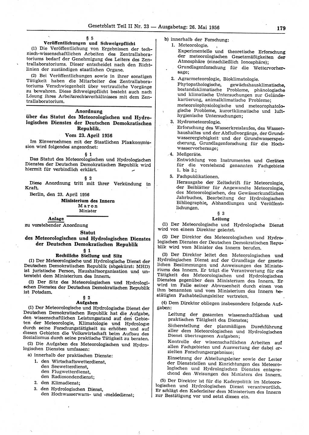 Gesetzblatt (GBl.) der Deutschen Demokratischen Republik (DDR) Teil ⅠⅠ 1956, Seite 179 (GBl. DDR ⅠⅠ 1956, S. 179)