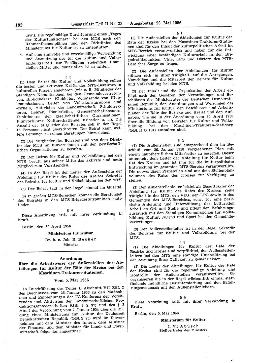 Gesetzblatt (GBl.) der Deutschen Demokratischen Republik (DDR) Teil ⅠⅠ 1956, Seite 182 (GBl. DDR ⅠⅠ 1956, S. 182)