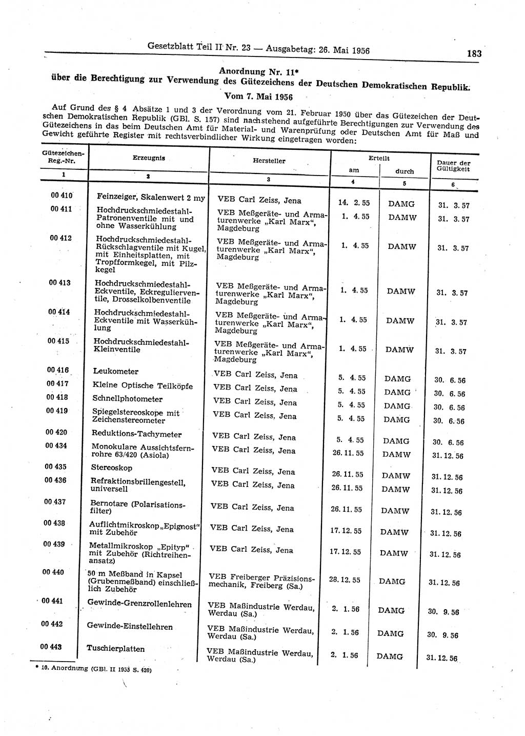 Gesetzblatt (GBl.) der Deutschen Demokratischen Republik (DDR) Teil ⅠⅠ 1956, Seite 183 (GBl. DDR ⅠⅠ 1956, S. 183)