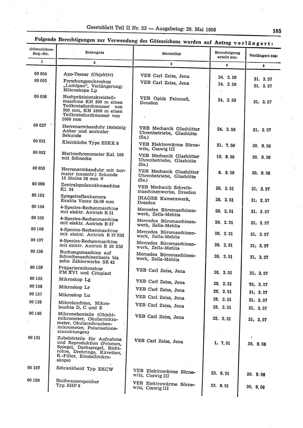 Gesetzblatt (GBl.) der Deutschen Demokratischen Republik (DDR) Teil ⅠⅠ 1956, Seite 185 (GBl. DDR ⅠⅠ 1956, S. 185)